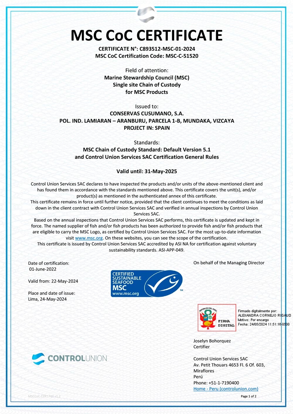 MSC CoC Certificate